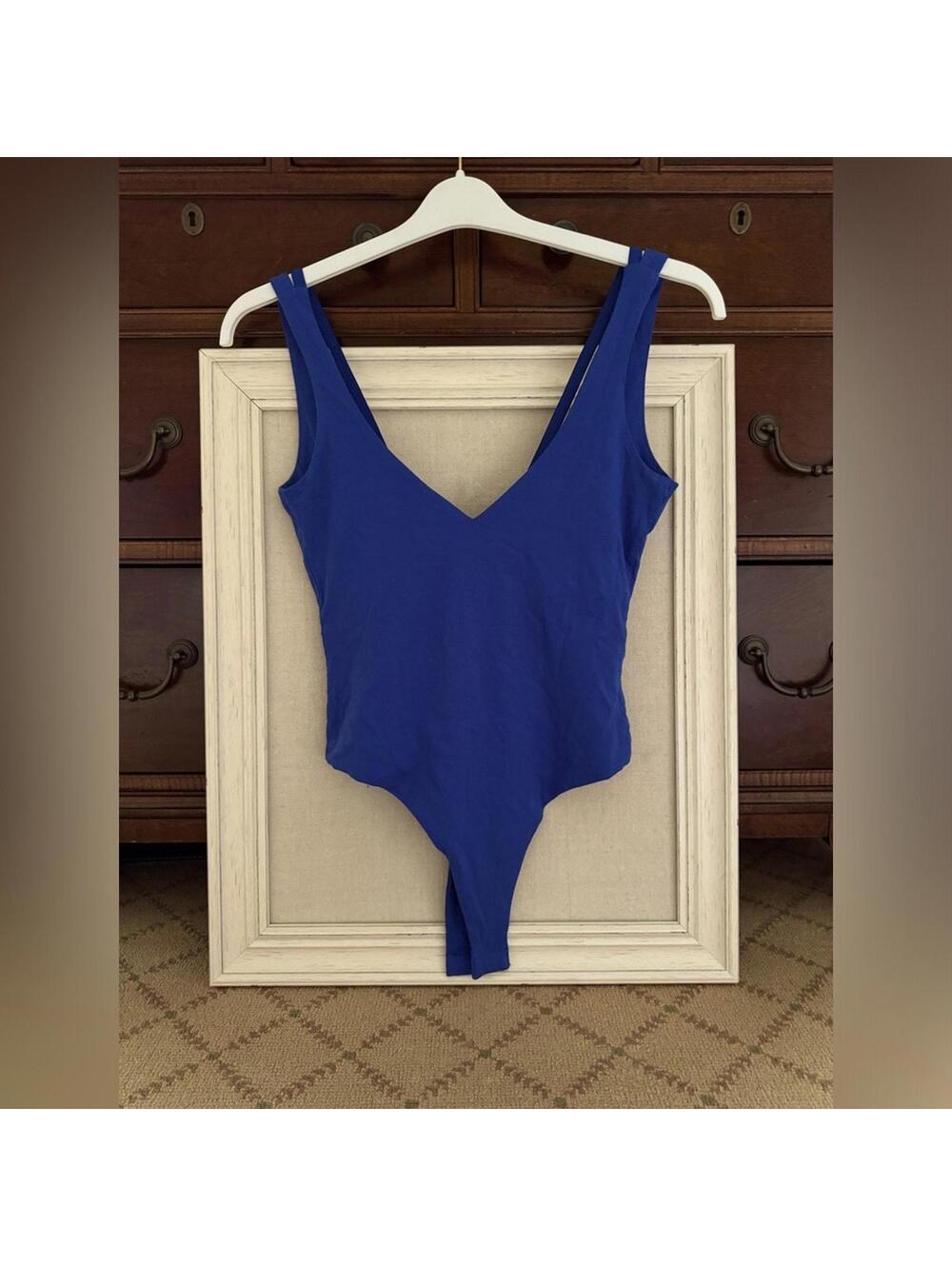 Superdown royal blue cotton bodysuit with low back and ribbon detail S NWOT